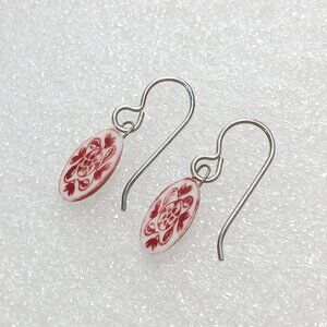 Red Floral Enamel Dangle Earrings .875” Drop Lightweight Art Deco Sterling Hooks